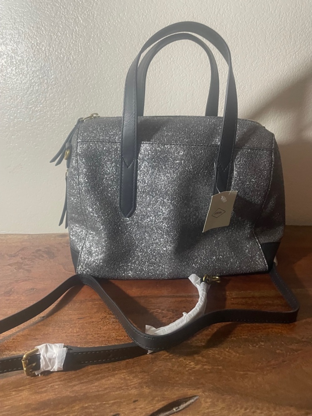 Fossil Sydney Gunmetal Glitter Satchel Crossbody NWT - Picture 2 of 14